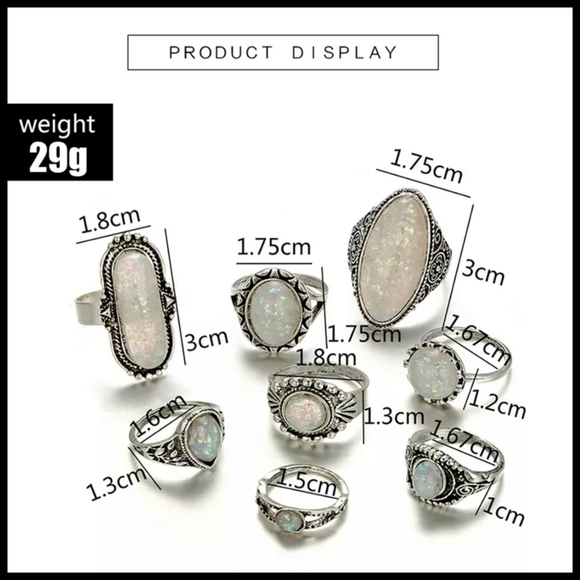 5/25 8 silver ring lot bohemian style rings white opal colored stones unique - Picture 3 of 8